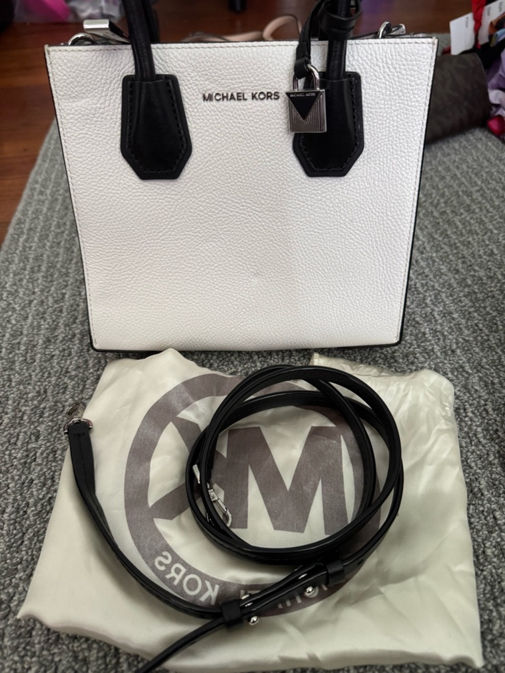 Michael Kors White Leather Tote with Black Trim and Strap